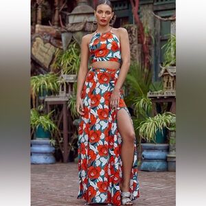 NWT Lulu's Back to Your Roots Red Floral Two-Piece Maxi Dress, Size Medium